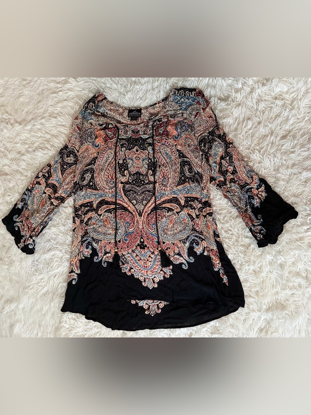 Angie Boho Festival Gypsy Whimsigoth Hippie Mandala Paisley Tunic Tassel Top M